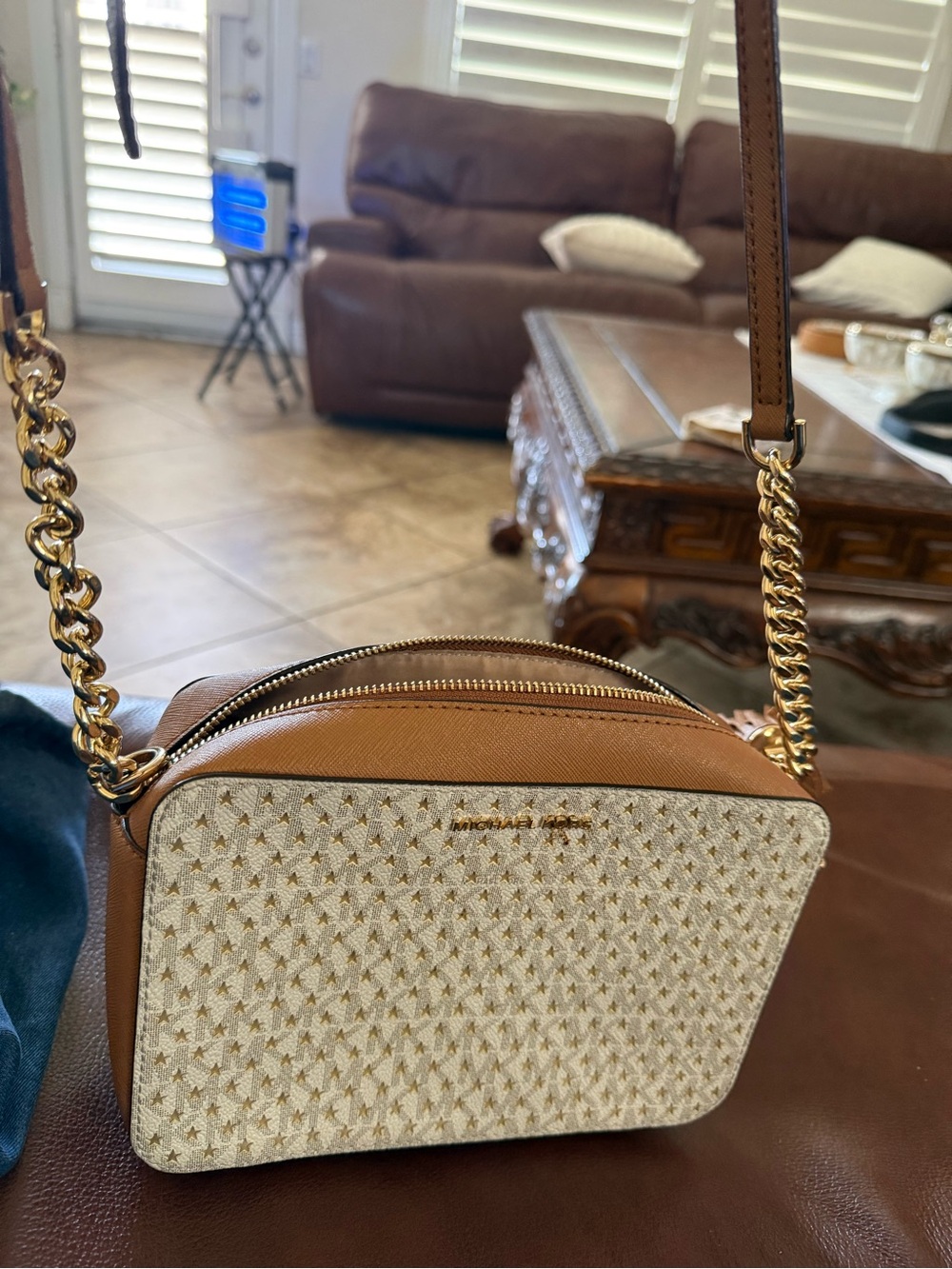 Michael Kors Brown and Cream Chain Strap Crossbody